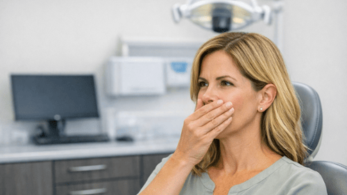Person covering mouth in a dental office to illustrate bad breath associated with GLP‑1 medications